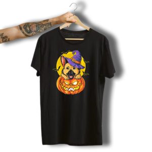 German Shepherd Witch Hat Halloween Pumpkin Moon Bats T-Shirt