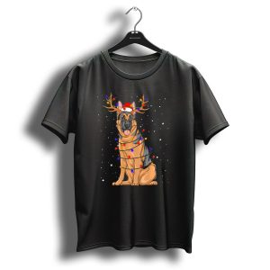 German Shepherd Wrapped In Christmas Lights With Santa Hat And Antlers T Shirt