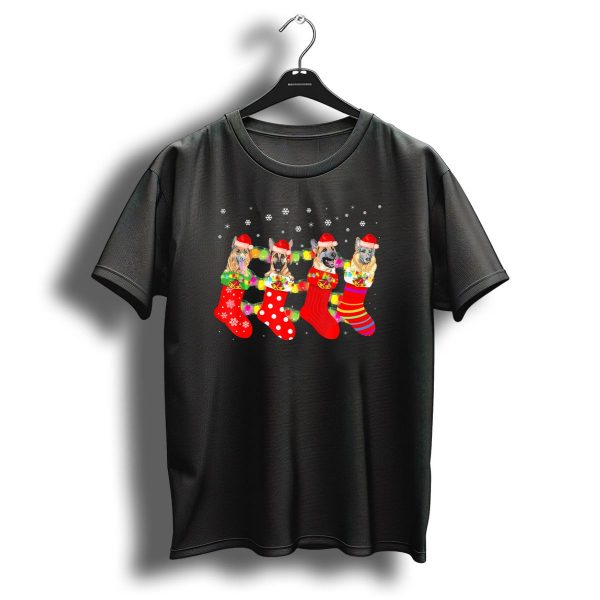 German Shepherds In Christmas Stockings With Santa Hats And Lights T Shirt 1 t shirt 1