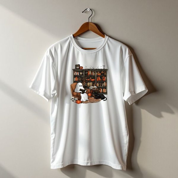 Ghost Reading Books With Black Cat And Pumpkins Retro Halloween Library T Shirt t shirt 1