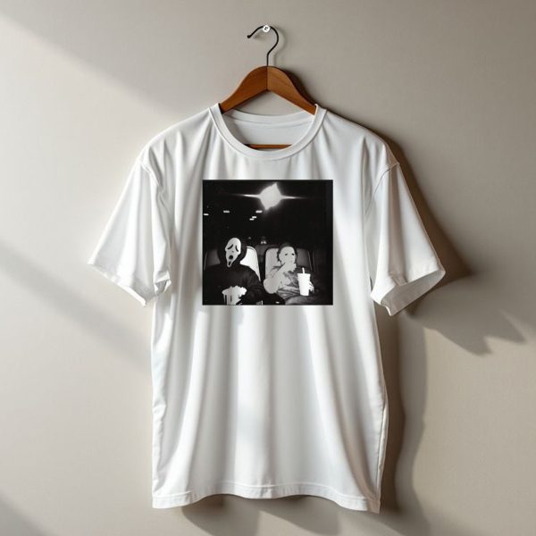 Ghostface And Michael Myers At The Movies Vintage Halloween Scene T Shirt t shirt 1