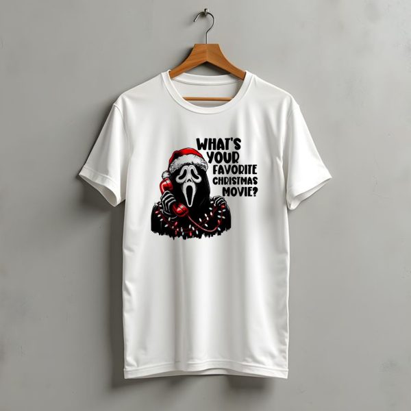 Ghostface Whats Your Favorite Christmas Movie Festive Horror Santa Hat Phone Lights T Shirt t shirt 1