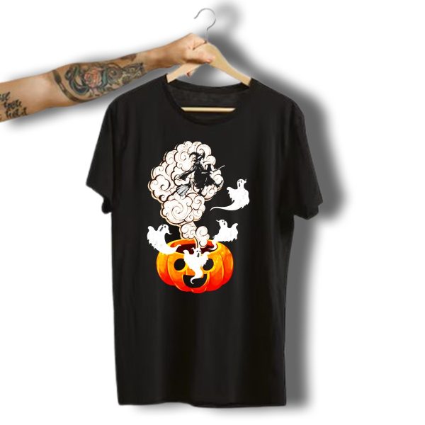 Ghosts And Witch Flying Out Of The Pumpkin With Halloween Clouds T Shirt t shirt 1
