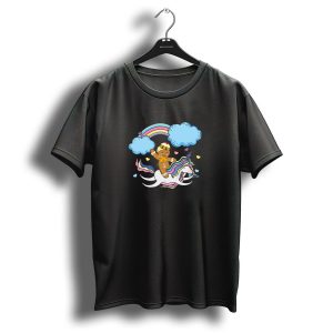 Gingerbread Man Riding A Unicorn Christmas Celebration With Rainbow And Clouds T-Shirt