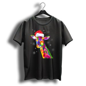 Giraffe Christmas Colorful Giraffe Santa Hat Snowflakes T Shirt