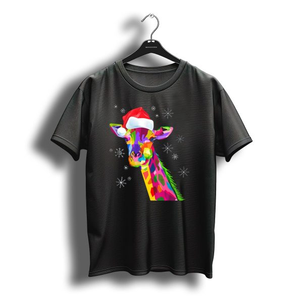 Giraffe Christmas Colorful Giraffe Santa Hat Snowflakes T Shirt t shirt 1