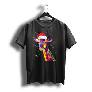 Giraffe Christmas Santa Hat Colorful Snowflakes T-Shirt