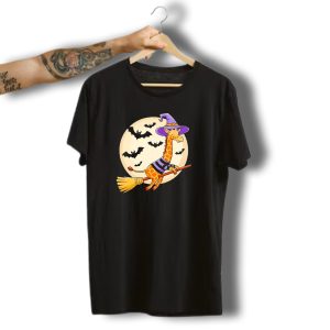 Giraffe Riding Witch Broom With Bats And Full Moon Halloween T-Shirt