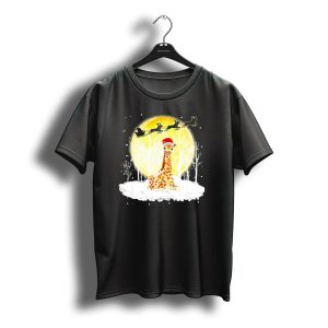 Giraffe Santa Christmas Reindeer Moon Snow Scene T-Shirt