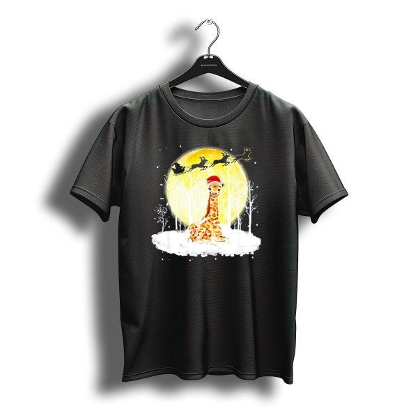 Giraffe Santa Christmas Reindeer Moon Snow Scene T Shirt t shirt 1