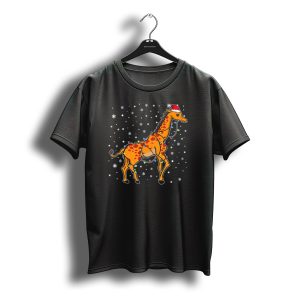 Giraffe With Santa Hat Wrapped In Christmas Lights And Snowflakes T-Shirt