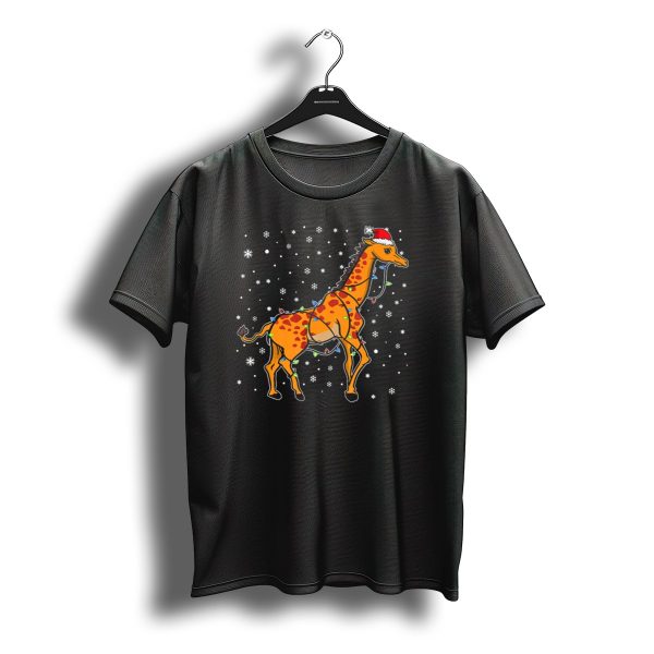 Giraffe With Santa Hat Wrapped In Christmas Lights And Snowflakes T Shirt t shirt 1
