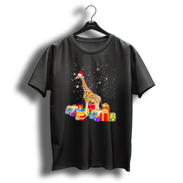 Giraffe With Santa Hat Wrapped In Christmas Lights And Surrounded By Presents T Shirt 1 t shirt 1
