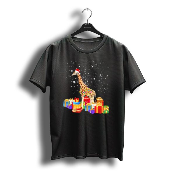 Giraffe With Santa Hat Wrapped In Christmas Lights And Surrounded By Presents T Shirt t shirt 1