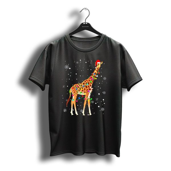 Giraffe Wrapped In Christmas Lights Wearing Santa Hat With Snowflakes T Shirt t shirt 1