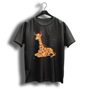 Giraffe Wrapped In Christmas Lights With Santa Hat And Antlers T Shirt
