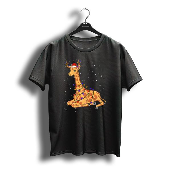 Giraffe Wrapped In Christmas Lights With Santa Hat And Antlers T Shirt t shirt 1