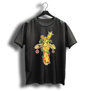 Giraffe Wrapped In Christmas Lights With Star And Ornaments T Shirt