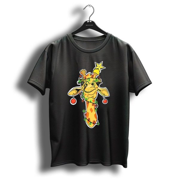 Giraffe Wrapped In Christmas Lights With Star And Ornaments T Shirt 1 t shirt 1