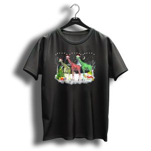 Giraffes With Santa Hats And Christmas Lights In Winter Scene T Shirt