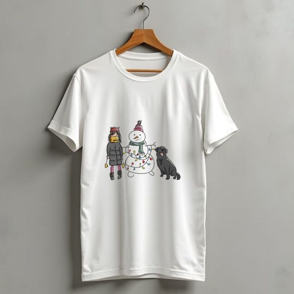 Girl With Yellow Scarf Dog And Snowman With Christmas Lights T Shirt 1 t shirt 1