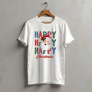 Glitter Happy Happy Happy Christmas Santa Claus T-Shirt