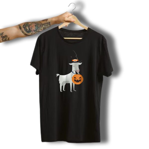 Goat In Witch Hat With Pumpkin Candy Bag For Halloween Fun T Shirt t shirt 1
