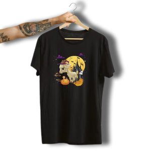 Goat Witch On Broom With Pumpkin And Haunted Castle Halloween Costume Scene T-Shirt