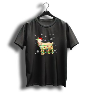 Goat Wrapped In Christmas Lights With Santa Hat And Snowflakes T Shirt