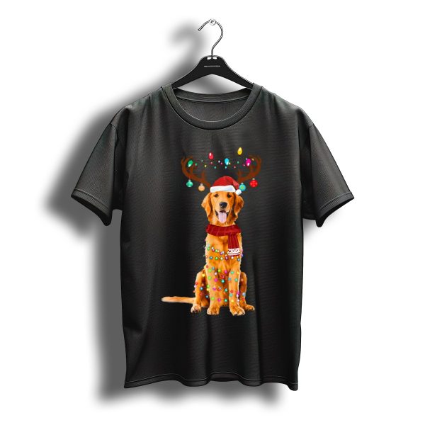 Golden Retriever Christmas Lights Reindeer Antlers Santa Hat Scarf T Shirt t shirt 1