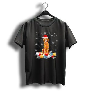Golden Retriever Dog With Christmas Lights And Santa Hat Surrounded By Snowflakes And Ornaments T-Shirt