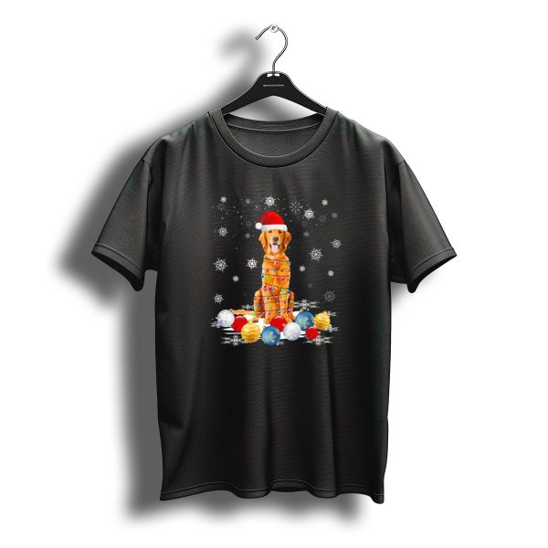 Golden Retriever Dog With Christmas Lights And Santa Hat Surrounded By Snowflakes T Shirt t shirt 1