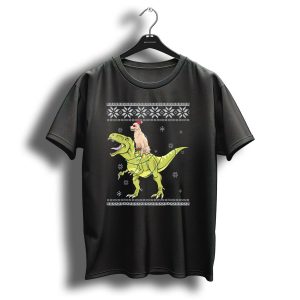 Golden Retriever In Santa Hat Riding T Rex With Christmas Lights Snowflake T Shirt