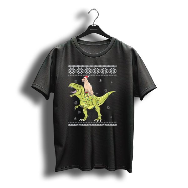 Golden Retriever In Santa Hat Riding T Rex With Christmas Lights Snowflake T Shirt t shirt 1
