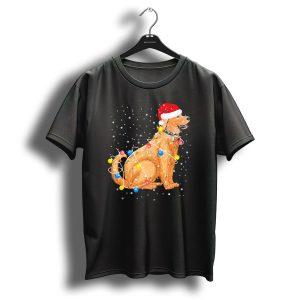 Golden Retriever In Santa Hat Wrapped With Christmas Lights T Shirt