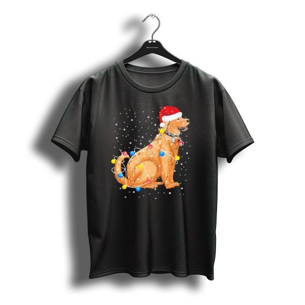 Golden Retriever In Santa Hat Wrapped With Christmas Lights T Shirt t shirt 1
