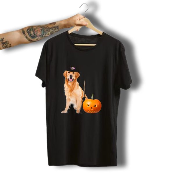 Golden Retriever Witch Hat Halloween Dog With Pumpkin And Broom T Shirt t shirt 1