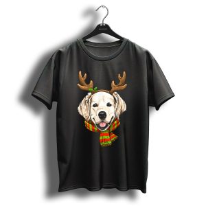 Golden Retriever With Reindeer Antlers And Christmas Scarf T Shirt