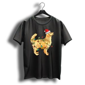 Golden Retriever Wrapped In Christmas Lights Santa Hat T Shirt
