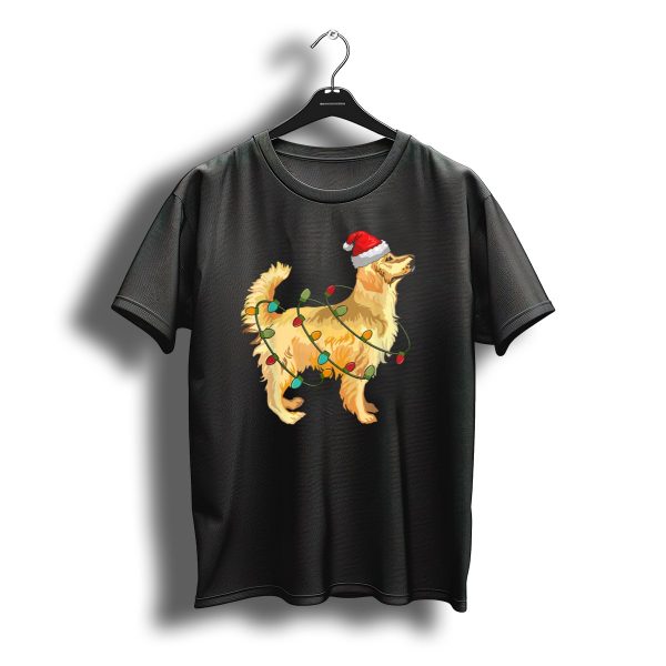 Golden Retriever Wrapped In Christmas Lights Santa Hat T Shirt t shirt 1