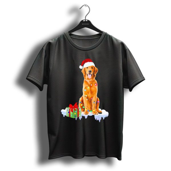 Golden Retriever Wrapped In Christmas Lights With Santa Hat And Present T Shirt 1 t shirt 1