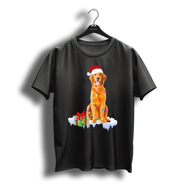 Golden Retriever Wrapped In Christmas Lights With Santa Hat And Present T Shirt t shirt 1