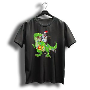 Gorilla Riding Dinosaur Rex Christmas Lights Santa Hat Present T Shirt