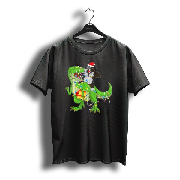 Gorilla Riding Dinosaur Rex Christmas Lights Santa Hat Present T Shirt t shirt 1