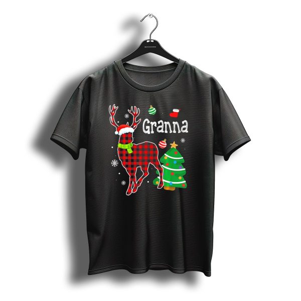 Granna Christmas Red Plaid Deer Buffalo With Santa Hat And Tree T Shirt t shirt 1