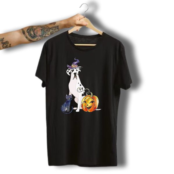 Great Dane Dog Halloween Witch Hat And Jack O Lantern With Cat T Shirt 1 t shirt 1