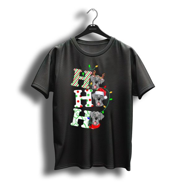 Great Dane Ho Ho Ho Christmas Lights Santa Hat Reindeer Antlers T Shirt t shirt 1