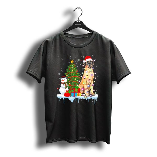 Great Dane Santa Hat Christmas Tree Lights Snowman Presents T Shirt t shirt 1