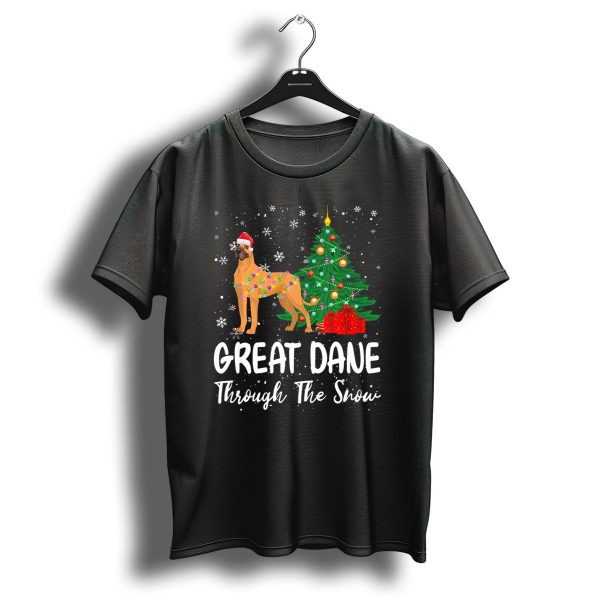 Great Dane Through The Snow Christmas Tree Santa Hat Lights Snowflakes T Shirt 1 t shirt 1