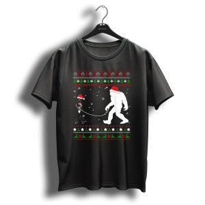 Great Dane With Santa Hat Walking Bigfoot Christmas T Shirt